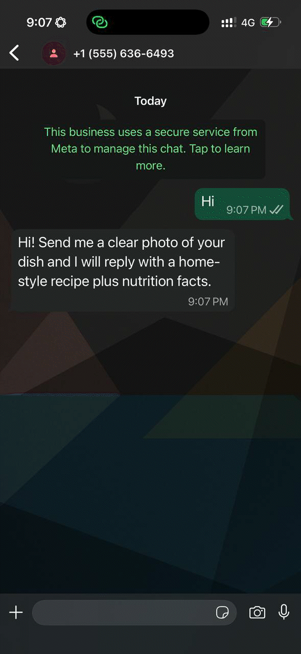 Sentinel Cook WhatsApp bot demo – dish recognition, recipe and nutrition flow