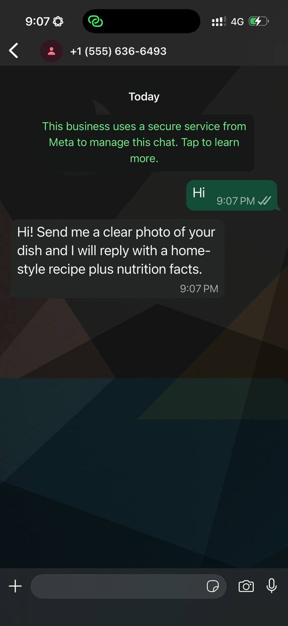 WhatsApp opening prompt asking for a clear dish photo