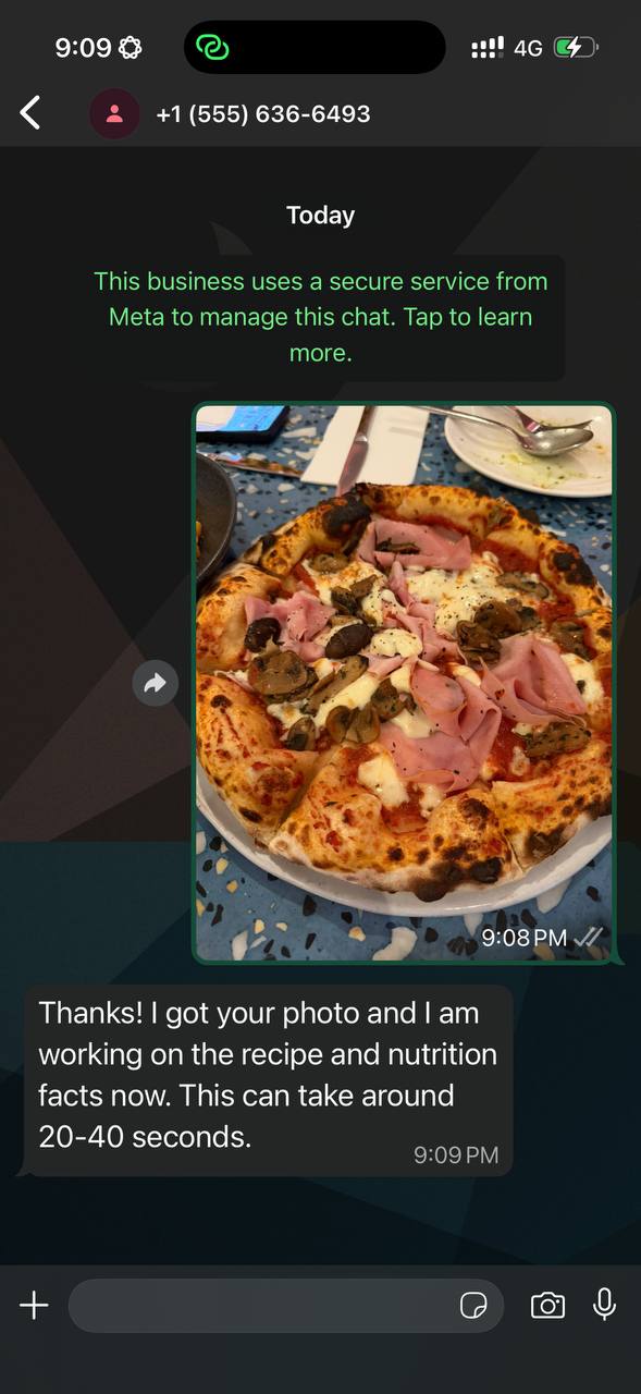 User sends a pizza photo and receives processing acknowledgement